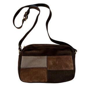 Saks Fifth Avenue Genuine Brown Leather Suede Patchwork Crossbody Purse Bag Boho